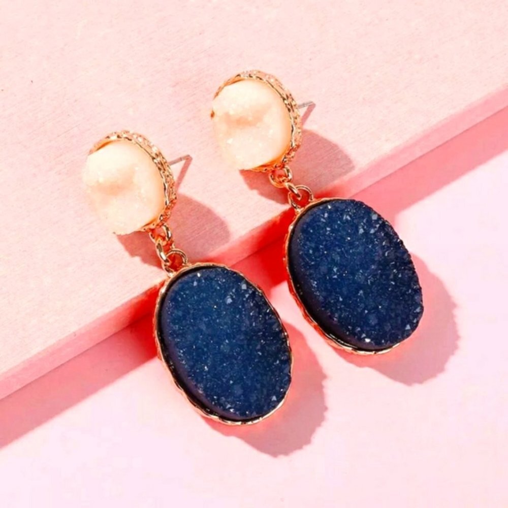 New Gold Druzy Quarts Stones Drop Earrings